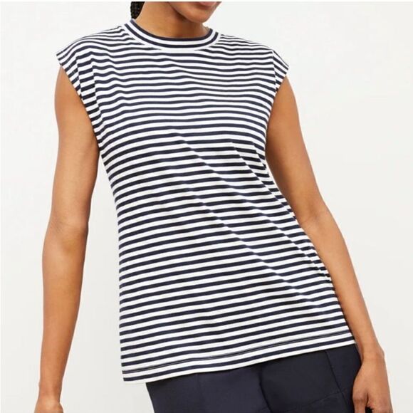 M.M. LaFleur The Alina T-Shirt Striped Pima Cotton Sleeveless XS Blue White Tank - Picture 2 of 6